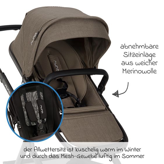 Nuna Buggy e Passeggino sportivo DEMI next bis 22 kg con Rider Board, chiusura magnetica della cintura, sedile Allwetter reversibile, maniglione regolabile in altezza, protezione visiva integrata incl. adattatore e copertura antipioggia - Pistacchio