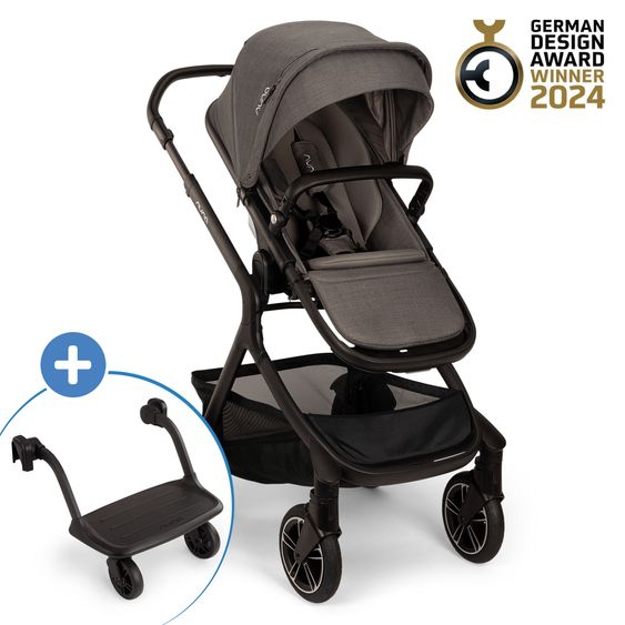 Nuna Buggy e Passeggino sportivo DEMI next bis 22 kg con Rider Board, chiusura magnetica della cintura, sedile Allwetter reversibile, maniglione regolabile in altezza, protezione visiva integrata incl. adattatore e copertura antipioggia - Thunder