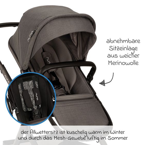 Nuna Buggy e Passeggino sportivo DEMI next bis 22 kg con Rider Board, chiusura magnetica della cintura, sedile Allwetter reversibile, maniglione regolabile in altezza, protezione visiva integrata incl. adattatore e copertura antipioggia - Thunder