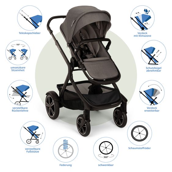 Nuna Buggy e Passeggino sportivo DEMI next bis 22 kg con Rider Board, chiusura magnetica della cintura, sedile Allwetter reversibile, maniglione regolabile in altezza, protezione visiva integrata incl. adattatore e copertura antipioggia - Thunder