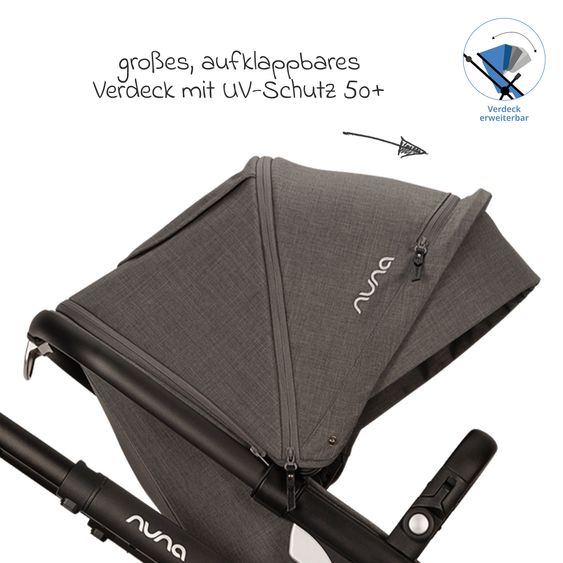 Nuna Buggy e Passeggino sportivo DEMI next bis 22 kg con Rider Board, chiusura magnetica della cintura, sedile Allwetter reversibile, maniglione regolabile in altezza, protezione visiva integrata incl. adattatore e copertura antipioggia - Thunder