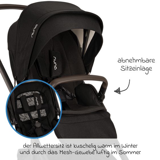 Nuna Buggy & Sportwagen MIXX next bis 22 kg mit magnetischem Gurtverschluss, umsetzbarem Allwettersitz, höhenverstellbarem Schieber, integrierter Sichtschutz inkl. Adapter, Kniedecke & Regenschutz - Caviar