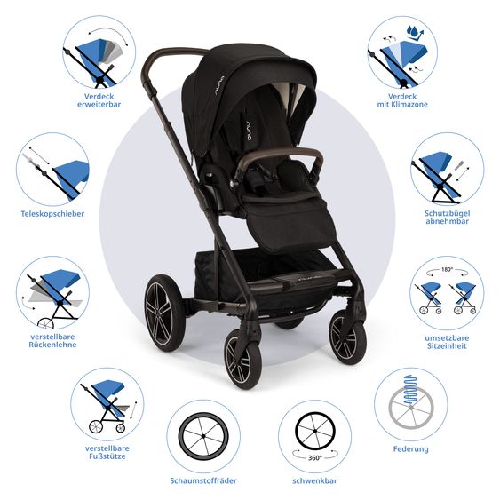 Nuna Buggy & Sportwagen MIXX next bis 22 kg mit magnetischem Gurtverschluss, umsetzbarem Allwettersitz, höhenverstellbarem Schieber, integrierter Sichtschutz inkl. Adapter, Kniedecke & Regenschutz - Caviar