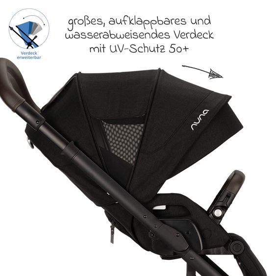 Nuna Buggy & Sportwagen MIXX next bis 22 kg mit magnetischem Gurtverschluss, umsetzbarem Allwettersitz, höhenverstellbarem Schieber, integrierter Sichtschutz inkl. Adapter, Kniedecke & Regenschutz - Caviar