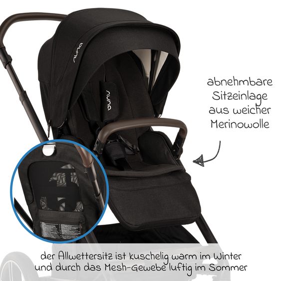 Nuna Buggy & Sportwagen MIXX next bis 22 kg mit magnetischem Gurtverschluss, umsetzbarem Allwettersitz, höhenverstellbarem Schieber, integrierter Sichtschutz inkl. Adapter, Kniedecke & Regenschutz - Caviar