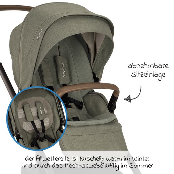 Nuna Buggy & Sportwagen MIXX next bis 22 kg mit magnetischem Gurtverschluss, umsetzbarem Allwettersitz, höhenverstellbarem Schieber, integrierter Sichtschutz inkl. Adapter, Kniedecke & Regenschutz - Pine