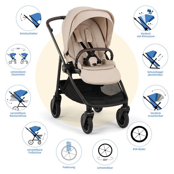 Nuna Passeggino Swiv fino a 22 kg con cintura magnetica, sedile sportivo convertibile, maniglione regolabile in altezza, adattatore incluso, borsa per il trasporto, portabicchieri e parapioggia - Biscotti