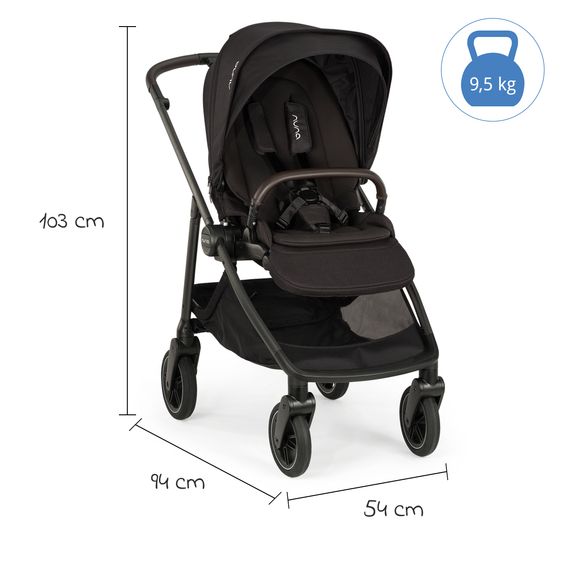 Nuna Passeggino Swiv fino a 22 kg con cintura magnetica, sedile sportivo convertibile, maniglione regolabile in altezza, adattatore incluso, borsa per il trasporto, portabicchieri e parapioggia - Caviar