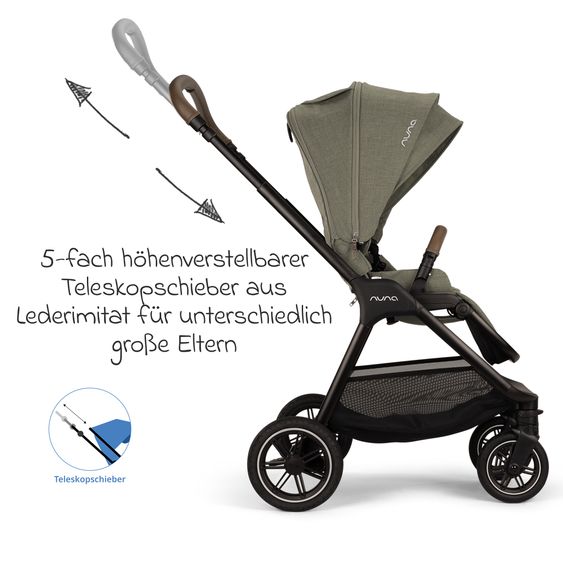 Nuna Buggy & Sportwagen TRIV next bis 22 kg mit magnetischem Gurtverschluss, umsetzbarem Allwettersitz, höhenverstellbarem Schieber - nur 8,9 kg schwer inkl. Adapter & Regenschutz - Pine