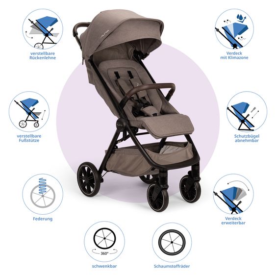 Nuna Buggy & pushchair TRVL Lx up to 22 kg with magnetic belt buckle, automatic folding mechanism incl. rain cover & transport bag - Cedar