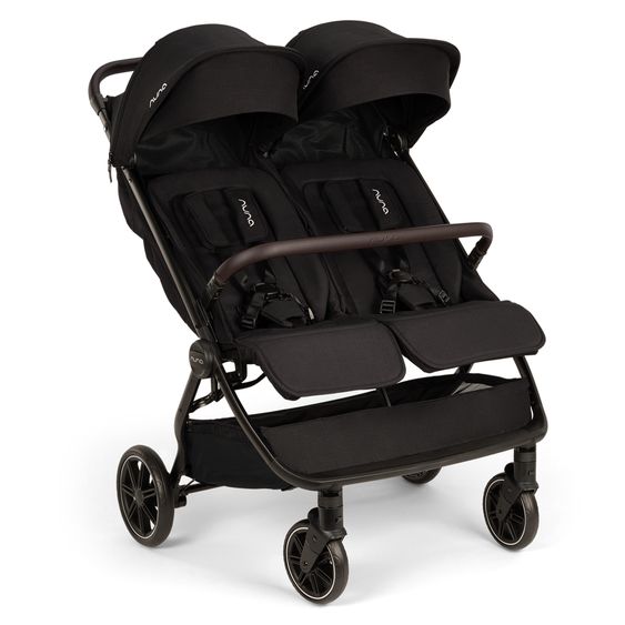 Nuna Geschwister- & Zwillingsbuggy TRVL Dubl nur 78 cm Breit mit Liegeposition inkl. Regenschutz & Transporttasche - Caviar