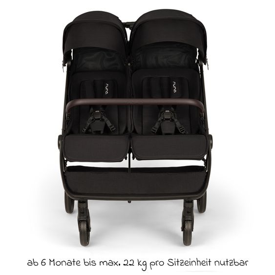 Nuna Geschwister- & Zwillingsbuggy TRVL Dubl nur 78 cm Breit mit Liegeposition inkl. Regenschutz & Transporttasche - Caviar