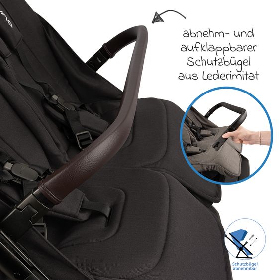 Nuna Geschwister- & Zwillingsbuggy TRVL Dubl nur 78 cm Breit mit Liegeposition inkl. Regenschutz & Transporttasche - Caviar