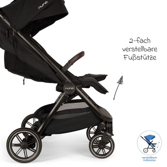 Nuna Geschwister- & Zwillingsbuggy TRVL Dubl nur 78 cm Breit mit Liegeposition inkl. Regenschutz & Transporttasche - Caviar