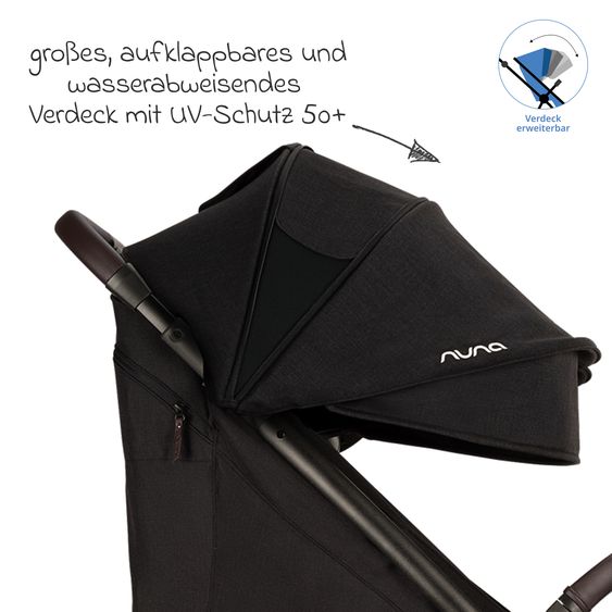 Nuna Geschwister- & Zwillingsbuggy TRVL Dubl nur 78 cm Breit mit Liegeposition inkl. Regenschutz & Transporttasche - Caviar