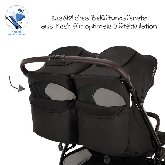 Nuna Geschwister- & Zwillingsbuggy TRVL Dubl nur 78 cm Breit mit Liegeposition inkl. Regenschutz & Transporttasche - Caviar