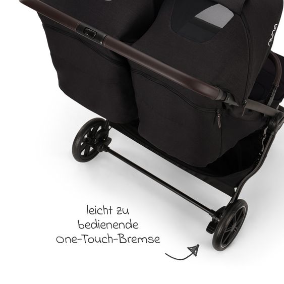 Nuna Geschwister- & Zwillingsbuggy TRVL Dubl nur 78 cm Breit mit Liegeposition inkl. Regenschutz & Transporttasche - Caviar