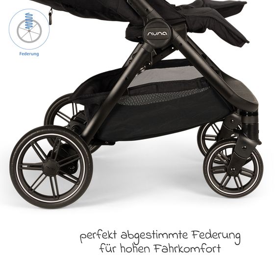 Nuna Geschwister- & Zwillingsbuggy TRVL Dubl nur 78 cm Breit mit Liegeposition inkl. Regenschutz & Transporttasche - Caviar