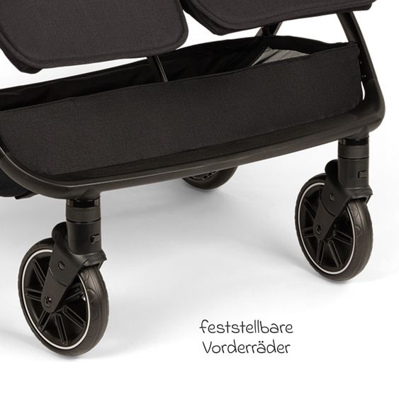 Nuna Geschwister- & Zwillingsbuggy TRVL Dubl nur 78 cm Breit mit Liegeposition inkl. Regenschutz & Transporttasche - Caviar