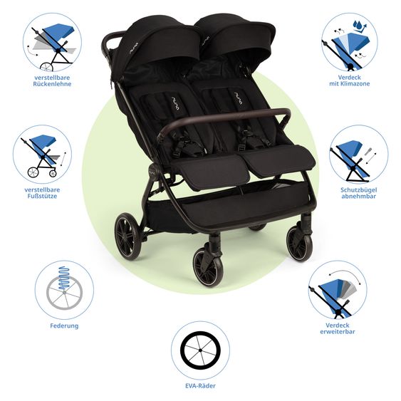 Nuna Geschwister- & Zwillingsbuggy TRVL Dubl nur 78 cm Breit mit Liegeposition inkl. Regenschutz & Transporttasche - Caviar