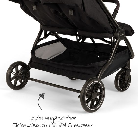 Nuna Geschwister- & Zwillingsbuggy TRVL Dubl nur 78 cm Breit mit Liegeposition inkl. Regenschutz & Transporttasche - Caviar