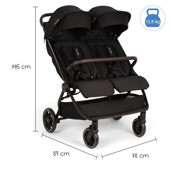 Nuna Geschwister- & Zwillingsbuggy TRVL Dubl nur 78 cm Breit mit Liegeposition inkl. Regenschutz & Transporttasche - Caviar