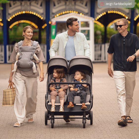 Nuna Geschwister- & Zwillingsbuggy TRVL Dubl nur 78 cm Breit mit Liegeposition inkl. Regenschutz & Transporttasche - Caviar