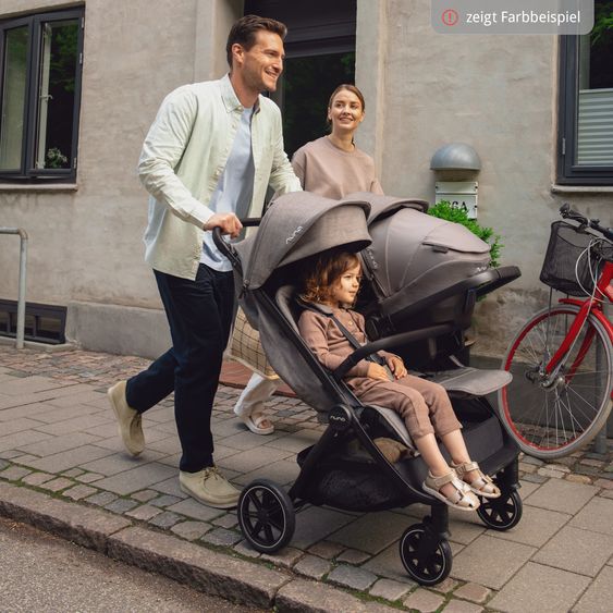Nuna Geschwister- & Zwillingsbuggy TRVL Dubl nur 78 cm Breit mit Liegeposition inkl. Regenschutz & Transporttasche - Caviar