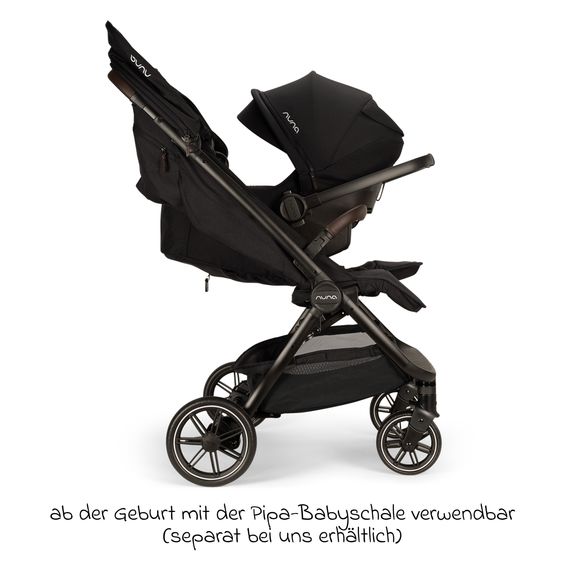 Nuna Geschwister- & Zwillingsbuggy TRVL Dubl nur 78 cm Breit mit Liegeposition inkl. Regenschutz & Transporttasche - Caviar