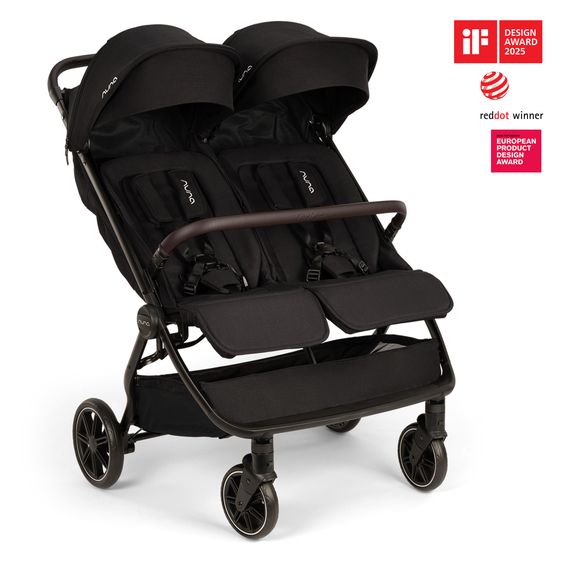 Nuna Geschwister- & Zwillingsbuggy TRVL Dubl nur 78 cm Breit mit Liegeposition inkl. Regenschutz & Transporttasche - Caviar