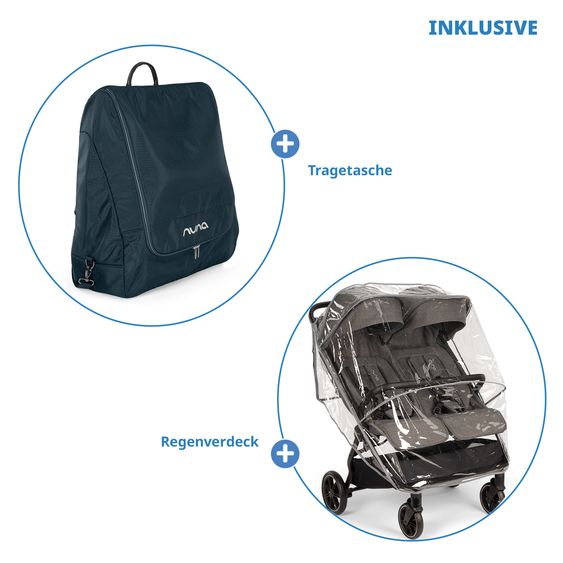 Nuna Geschwister- & Zwillingsbuggy TRVL Dubl nur 78 cm Breit mit Liegeposition inkl. Regenschutz & Transporttasche - Caviar