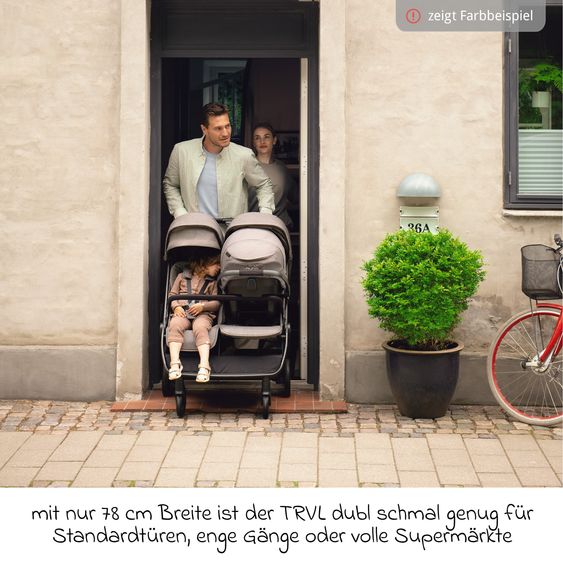 Nuna Geschwister- & Zwillingsbuggy TRVL Dubl nur 78 cm Breit mit Liegeposition inkl. Regenschutz & Transporttasche - Caviar