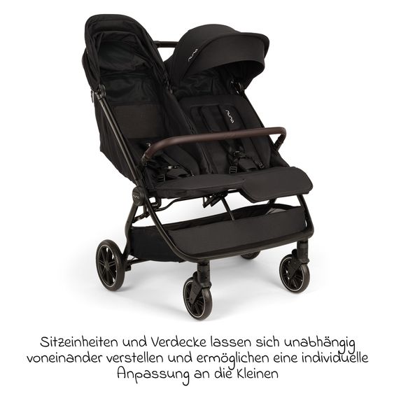 Nuna Geschwister- & Zwillingsbuggy TRVL Dubl nur 78 cm Breit mit Liegeposition inkl. Regenschutz & Transporttasche - Caviar