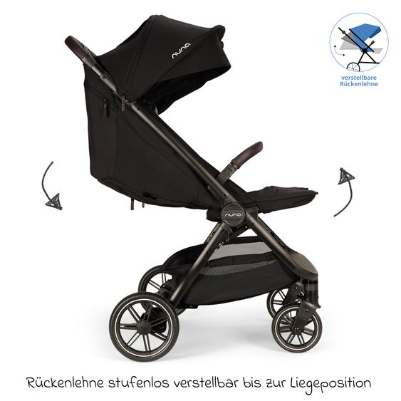 Nuna Geschwister- & Zwillingsbuggy TRVL Dubl nur 78 cm Breit mit Liegeposition inkl. Regenschutz & Transporttasche - Caviar