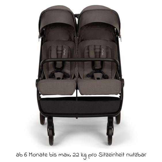 Nuna Geschwister- & Zwillingsbuggy TRVL Dubl nur 78 cm Breit mit Liegeposition inkl. Regenschutz & Transporttasche - Thunder