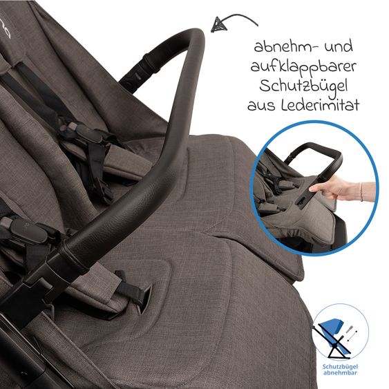 Nuna Geschwister- & Zwillingsbuggy TRVL Dubl nur 78 cm Breit mit Liegeposition inkl. Regenschutz & Transporttasche - Thunder