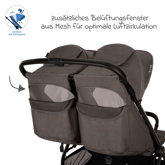 Nuna Geschwister- & Zwillingsbuggy TRVL Dubl nur 78 cm Breit mit Liegeposition inkl. Regenschutz & Transporttasche - Thunder