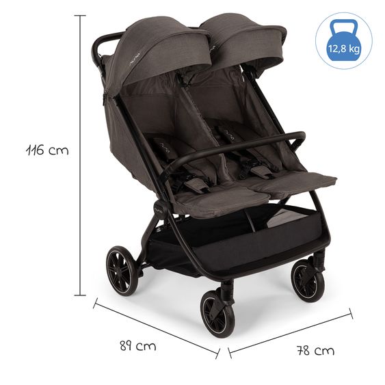 Nuna Geschwister- & Zwillingsbuggy TRVL Dubl nur 78 cm Breit mit Liegeposition inkl. Regenschutz & Transporttasche - Thunder