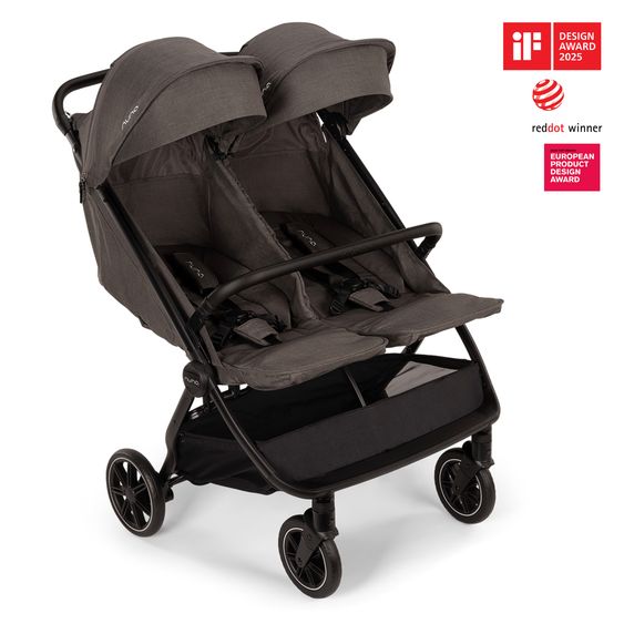 Nuna Geschwister- & Zwillingsbuggy TRVL Dubl nur 78 cm Breit mit Liegeposition inkl. Regenschutz & Transporttasche - Thunder