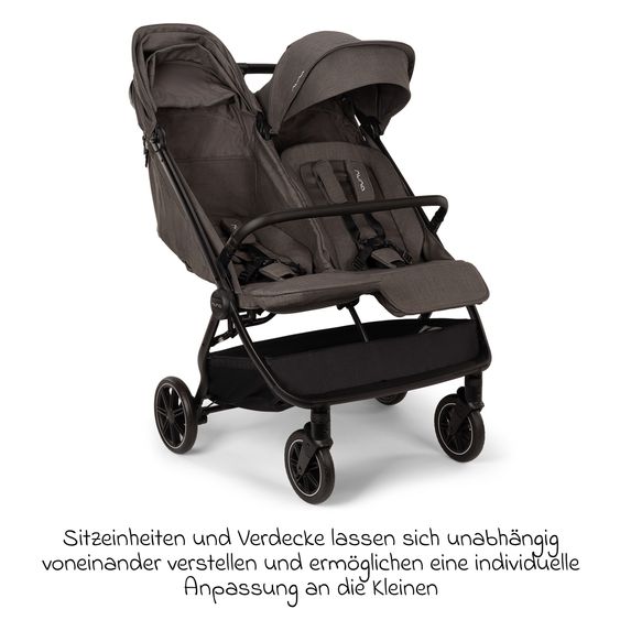 Nuna Geschwister- & Zwillingsbuggy TRVL Dubl nur 78 cm Breit mit Liegeposition inkl. Regenschutz & Transporttasche - Thunder