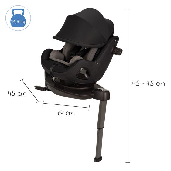 Nuna Reboarder Car Seat PRUU Aire i-Size 360° rotatable from birth to 4 years (40 cm - 105 cm) incl. base station & seat reducer - Caviar