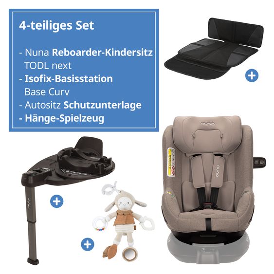 Nuna Reboarder child seat TODL next i-Size 360° incl. Base Curve rotatable from birth to 4 years (40 cm - 105 cm) with seat reducer, padding protection & play animal - Cedar