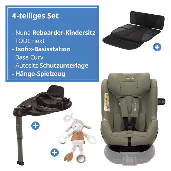 Nuna Reboarder child seat TODL next i-Size 360° incl. Base Curve rotatable from birth to 4 years (40 cm - 105 cm) with seat reducer, padding protection & play animal - Pine