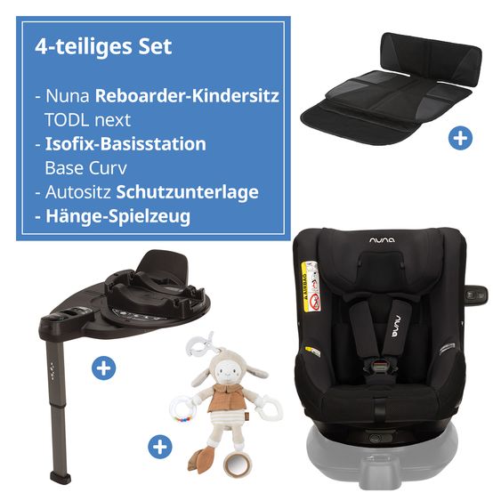 Nuna Reboarder child seat TODL next i-Size 360° incl. Base Curve rotatable from birth to 4 years (40 cm - 105 cm) with seat reducer, padding protection & play animal - Thunder