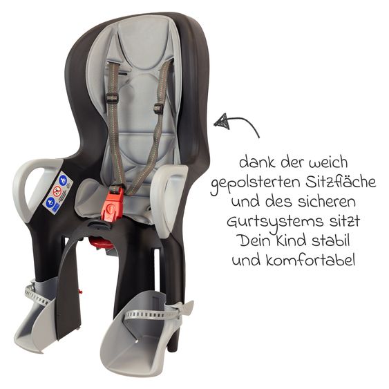 OK Baby Kinderfahrradsitz 10+ von 9 Monate bis 22 kg mit Sitzpolsterung, Bein- u. Fußschutz, verstellbare Rückenlehne inkl. Befestigung & Regenschutz - Schwarz Grau