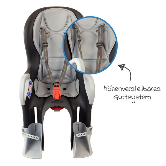 OK Baby Kinderfahrradsitz 10+ von 9 Monate bis 22 kg mit Sitzpolsterung, Bein- u. Fußschutz, verstellbare Rückenlehne inkl. Befestigung & Regenschutz - Schwarz Grau
