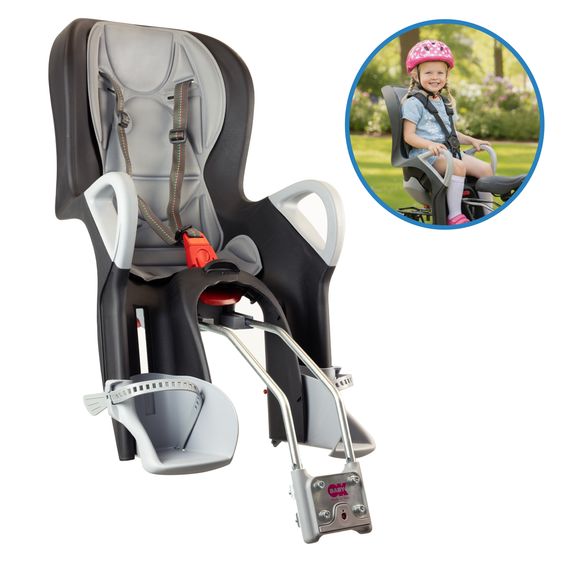 OK Baby Seggiolino bici per bambini 10+ da 9 mesi fino a 22 kg con imbottitura sedile, protezione gambe e piedi, schienale regolabile incl. fissaggio - Nero con inserto grigio