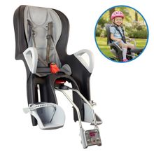 Seggiolino bici per bambini 10+ da 9 mesi fino a 22 kg con imbottitura sedile, protezione gambe e piedi, schienale regolabile incl. fissaggio - Nero con inserto grigio