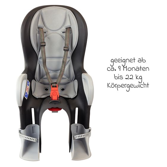 OK Baby Seggiolino bici per bambini 10+ da 9 mesi fino a 22 kg con imbottitura sedile, protezione gambe e piedi, schienale regolabile incl. fissaggio - Nero con inserto grigio