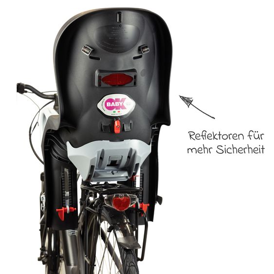 OK Baby Seggiolino bici per bambini 10+ da 9 mesi fino a 22 kg con imbottitura sedile, protezione gambe e piedi, schienale regolabile incl. fissaggio - Nero con inserto grigio